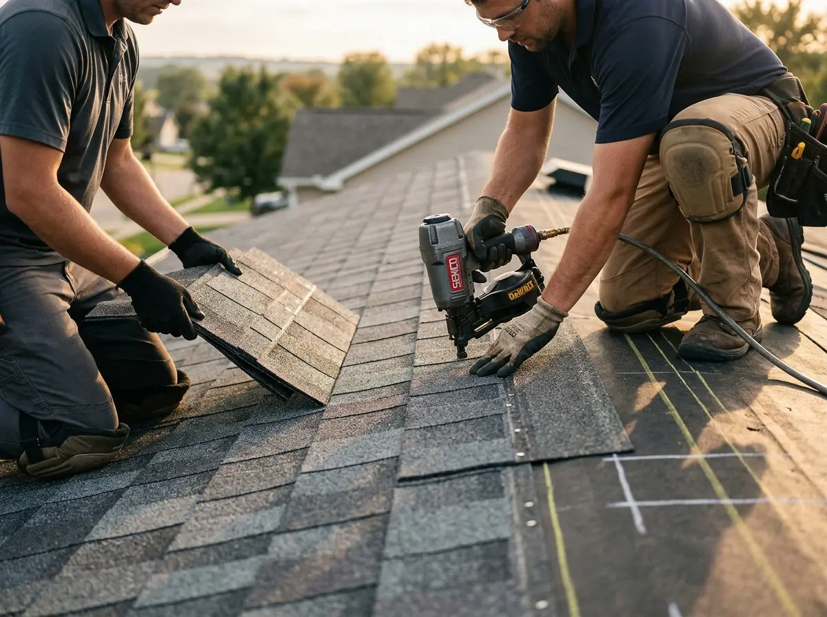 Professional roofer working on a residential roof in Tavares
